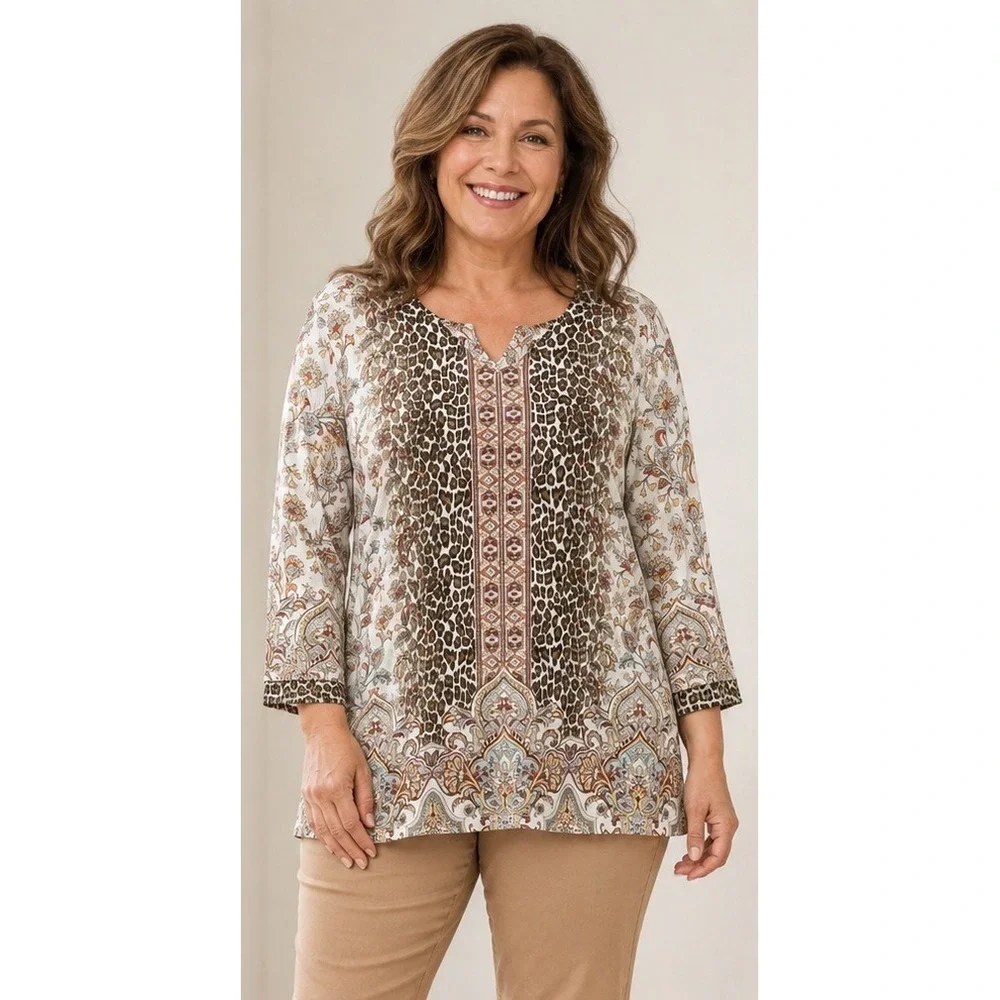 Chico's Tunic Top Womens 3 XL Leopard Paisley Floral 3/4 Sleeve Stretch Boho